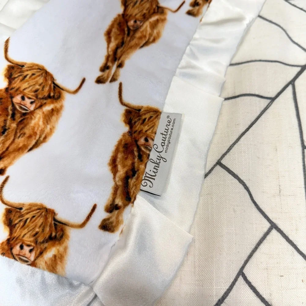Minky Couture Mini Blanket 13x20 White Highland Cow Print Satin Ruffle Trim